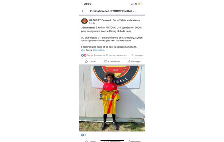 Félicitations à Kyllian ANTONIO U14 (génération 2008)…..